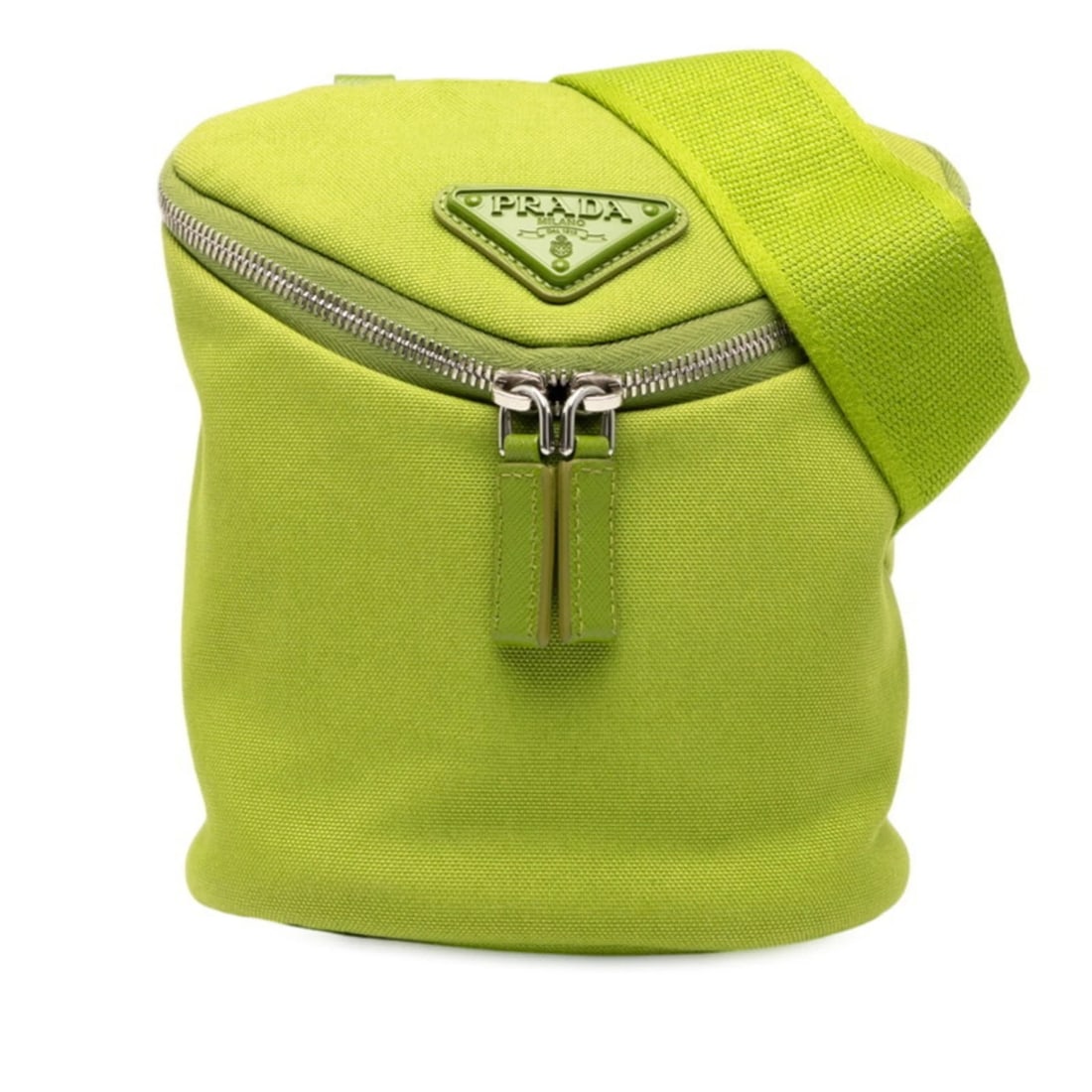 PRADA TRIANGLE LOGO PLATE SHOULDER BAG: Prada Triangle Logo Plate Shoulder Bag Brand: Prada Type/Style: Pouch, Shoulder bag Material: Canvas , Leather Color: Green Size: (HxWxD) 19cm x 19cm x 13cm / 7.48'' x 7.48'' x 5.11'' Accessories: