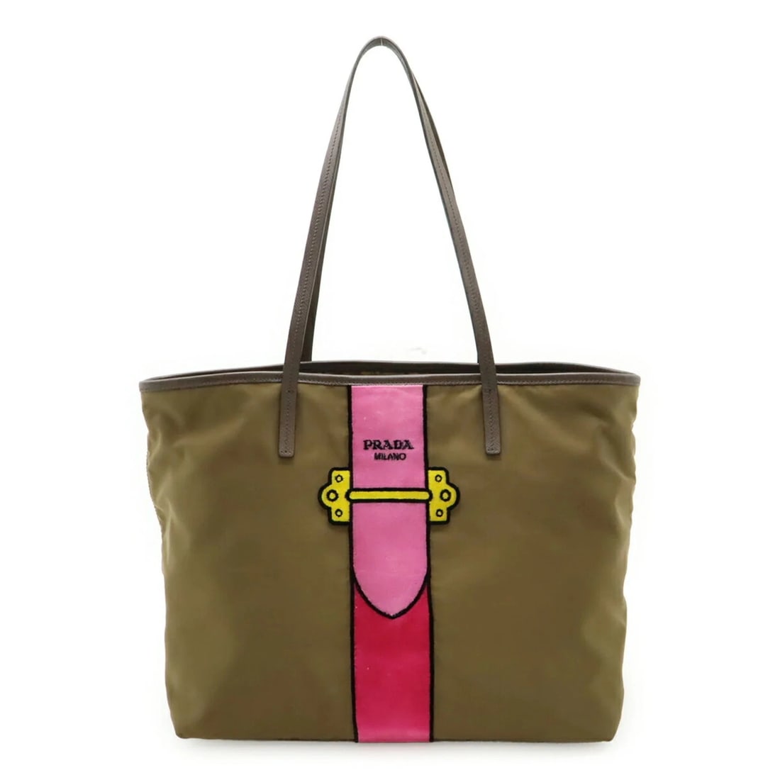 PRADA VELOUR BELT MOTIF TOTE BAG SHOULDER: PRADA Velour Belt Motif Tote Bag Shoulder Brand: Prada Type/Style: Shoulder bag, Tote bag Material: Nylon , Leather Color: Khaki, Pink Size: (HxWxD) 30cm x 42cm x 16cm / 11.81'' x 16.53'' x 6.29''