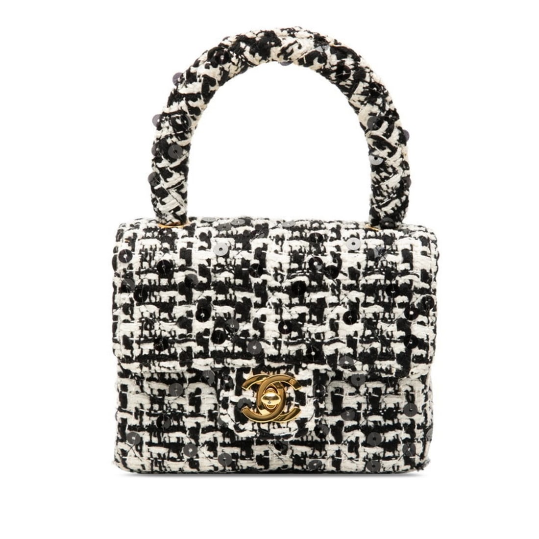 CHANEL COCO MARK MINI HANDBAG BLACK: Chanel Coco Mark Mini Handbag Black Brand: Chanel Type/Style: Handbag Material: Tweed , Spangles Color: Black, White Size: (HxWxD) 11cm x 14cm x 6cm / 4.33'' x 5.51'' x 2.36'' Accessories: None