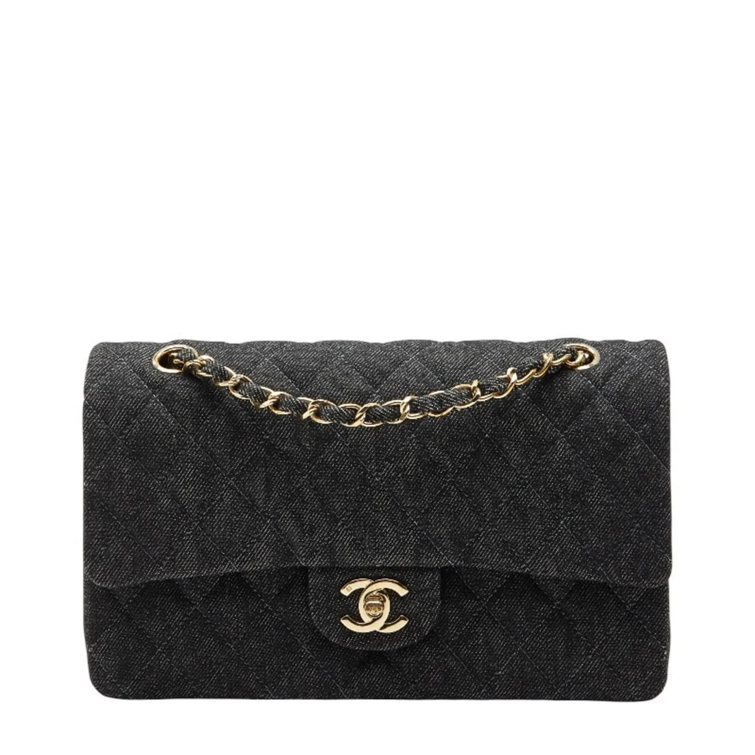 CHANEL MATELASSE 25 COCO MARK DOUBLE FLAP CHAIN SHOULDER BAG: CHANEL Matelasse 25 Coco Mark Double Flap Chain Shoulder Bag Brand: Chanel Type/Style: Shoulder bag Material: Denim Color: Black Size: (HxWxD) 15.5cm x 25cm x 7cm / 6.1'' x 9.84'' x 2.75'' Accesso