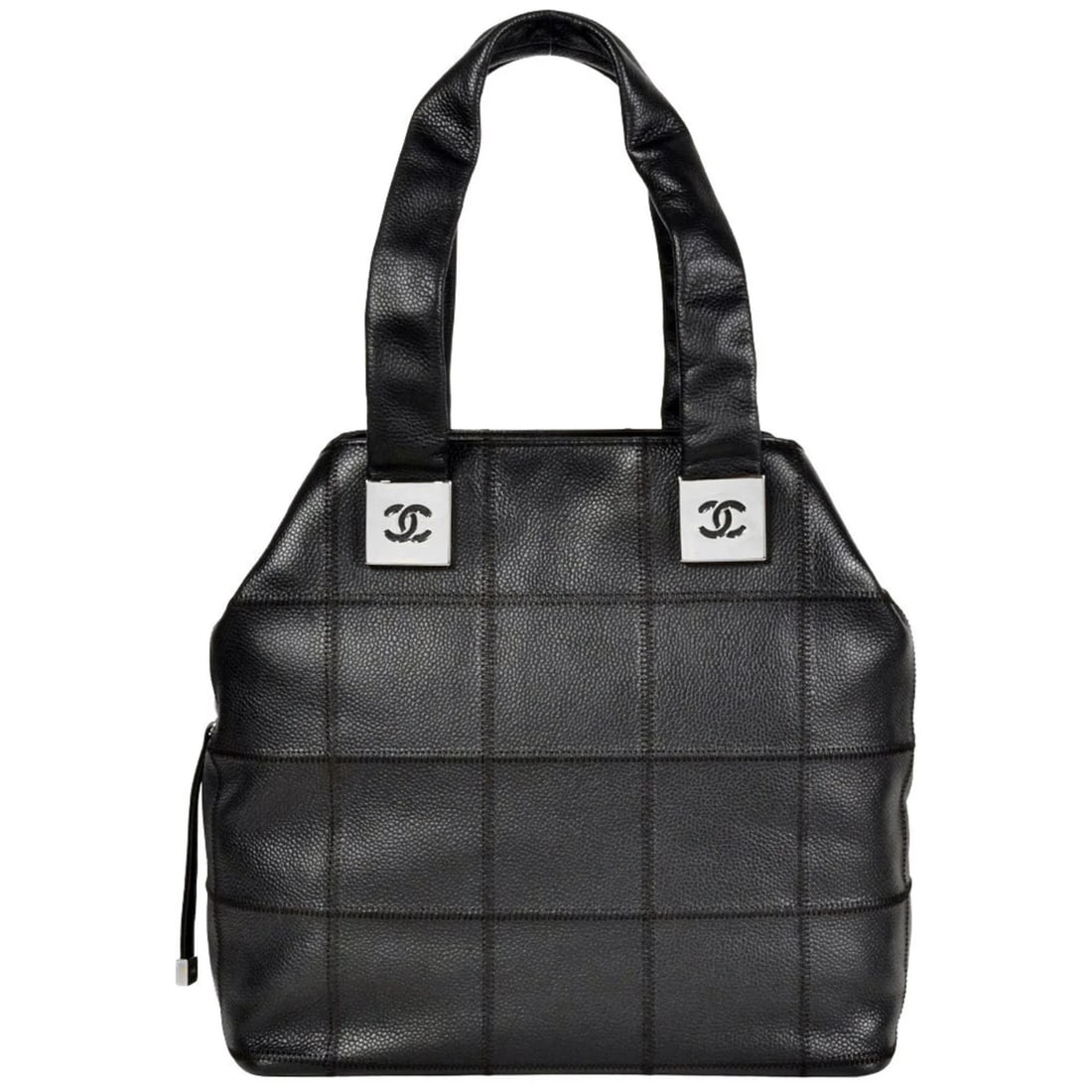 CHANEL COCO MARK CHOCOLATE BAR TOTE BAG: CHANEL Coco Mark Chocolate Bar Tote Bag Brand: Chanel Type/Style: Tote bag Material: Grained Calfskin Color: Tote bag Size: (HxWxD) 27cm x 26cm x 16cm / 10.62'' x 10.23'' x 6.29'' Accessories: Non