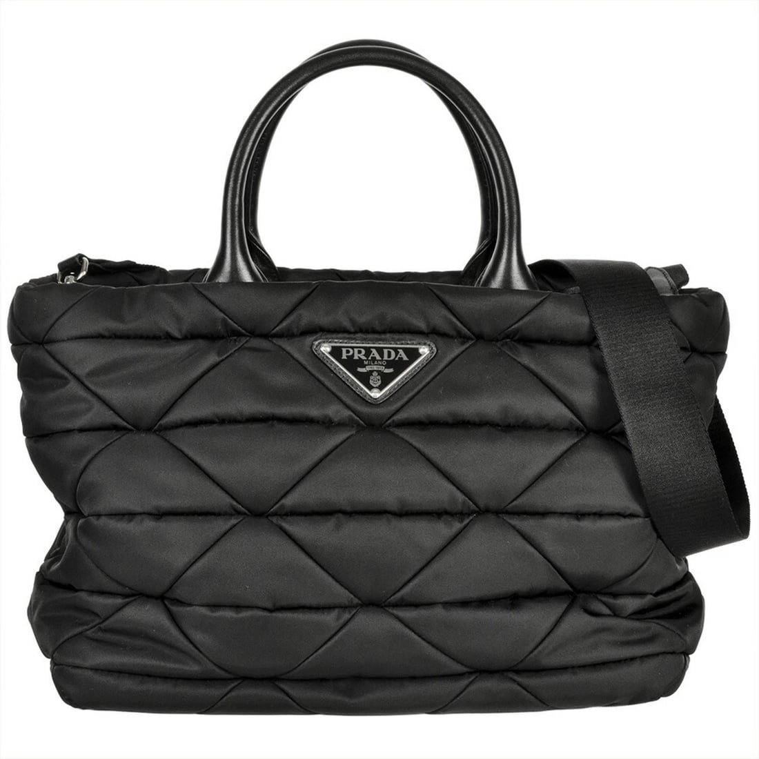 PRADA RE NYLON PADDED 2-WAY TOTE BAG: Prada Re Nylon Padded 2-Way Tote Bag Brand: Prada Type/Style: Tote bag Material: Nylon , Nappa leather , Leather Color: Black Size: (HxWxD) 21cm x 28cm x 16cm / 8.26'' x 11.02'' x 6.29'' Accessori