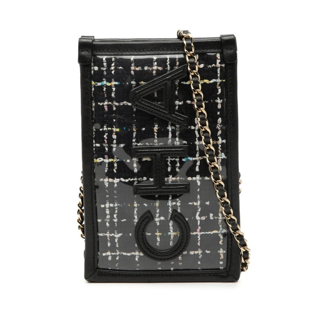 CHANEL LOGO TWEED CHAIN SHOULDER BAG PHONE CASE: Chanel Logo Tweed Chain Shoulder Bag Phone Case Brand: Chanel Type/Style: Shoulder bag Material: Vinyl , Leather Color: Black Size: (HxWxD) 18cm x 11.5cm x 4.5cm / 7.08'' x 4.52'' x 1.77''