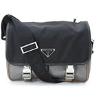 PRADA TESSUTO RE-NYLON TRIANGLE SHOULDER BAG: PRADA Tessuto Re-Nylon Triangle Shoulder Bag Brand: Prada Type/Style: Shoulder bag Material: Nylon , Leather Color: Black, Gray brown Size: (HxWxD) 20cm x 26cm x 10cm / 7.87'' x 10.23'' x 3.93'' A
