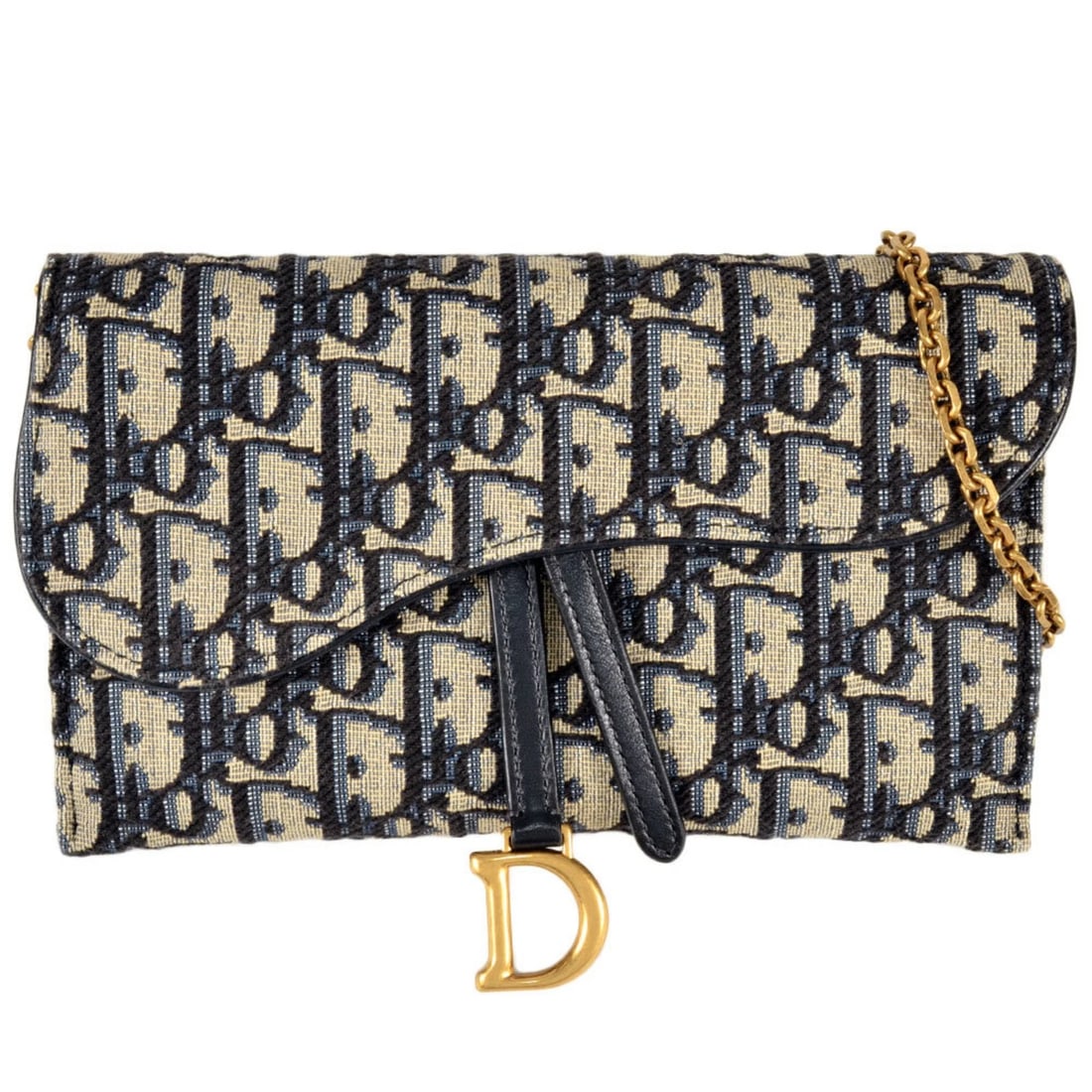 DIOR SADDLE WALLET ON CHAIN JACQUARD: Dior Saddle Wallet on Chain Jacquard Brand: Christian Dior Type/Style: Type Chain/Shoulder wallet Material: Jacquard Color: Blue Size: (HxWxD) 11.5cm x 19cm / 4.52'' x 7.48'' Accessories: None