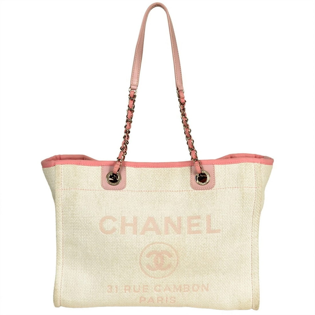 CHANEL DEAUVILLE MM CHAIN TOTE BAG: CHANEL Deauville MM Chain Tote Bag Brand: Chanel Type/Style: Tote bag Material: Straw Color: Beige, Pink Size: (HxWxD) 25cm x 34cm x 14.5cm / 9.84'' x 13.38'' x 5.7'' Accessories: None Acc
