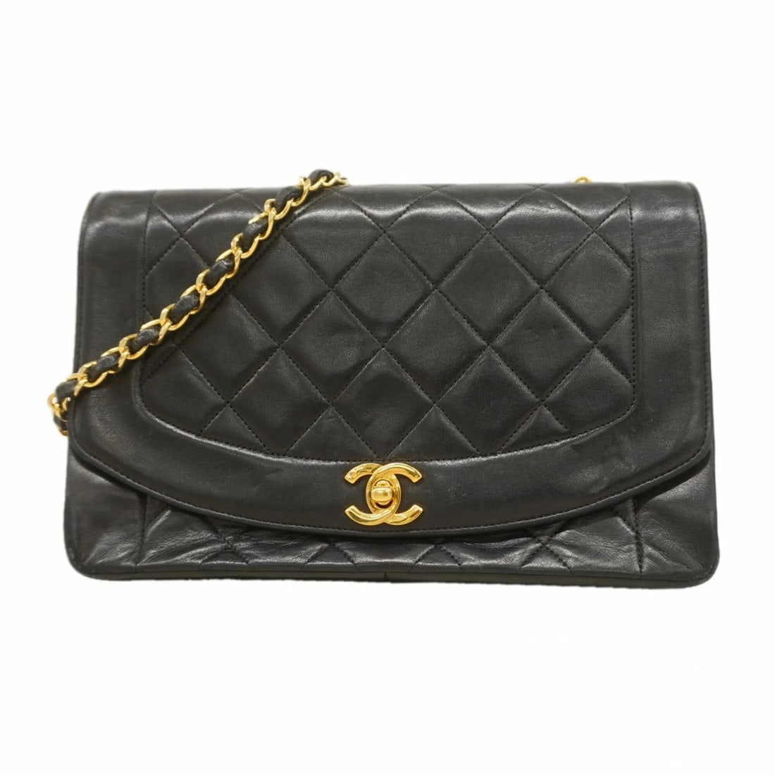 CHANEL DIANA CHAIN SHOULDER BAG, LAMBSKIN: Chanel Diana Chain Shoulder Bag, Lambskin Brand: Chanel Type/Style: Shoulder bag Material: Leather Color: Black Size: (HxWxD) 16cm x 24.5cm x 7cm / 6.29'' x 9.64'' x 2.75'' Accessories: None <