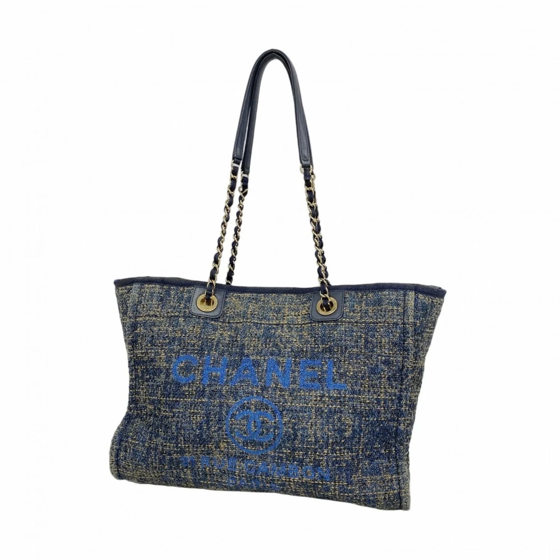 CHANEL DEAUVILLE TWEED CHAIN TOTE BAG: Chanel Deauville Tweed Chain Tote Bag Brand: Chanel Type/Style: Tote bag Material: Tweed Color: Beige, Navy Size: (HxWxD) 27cm x 34.5cm x 16cm / 10.62'' x 13.58'' x 6.29'' Accessories: None