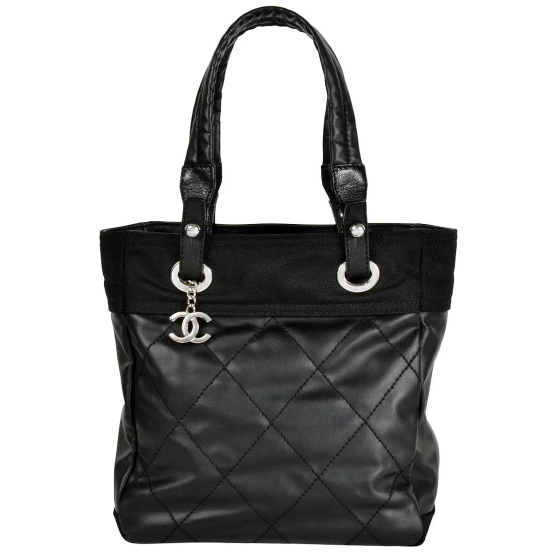 CHANEL PARIS-BIARRITZ PM TOTE BAG, COATED CANVAS: CHANEL Paris-Biarritz PM Tote Bag, Coated Canvas Brand: Chanel Type/Style: Tote bag Material: Coated canvas Color: Black Size: (HxWxD) 27cm x 26cm x 11cm / 10.62'' x 10.23'' x 4.33'' Accessories: