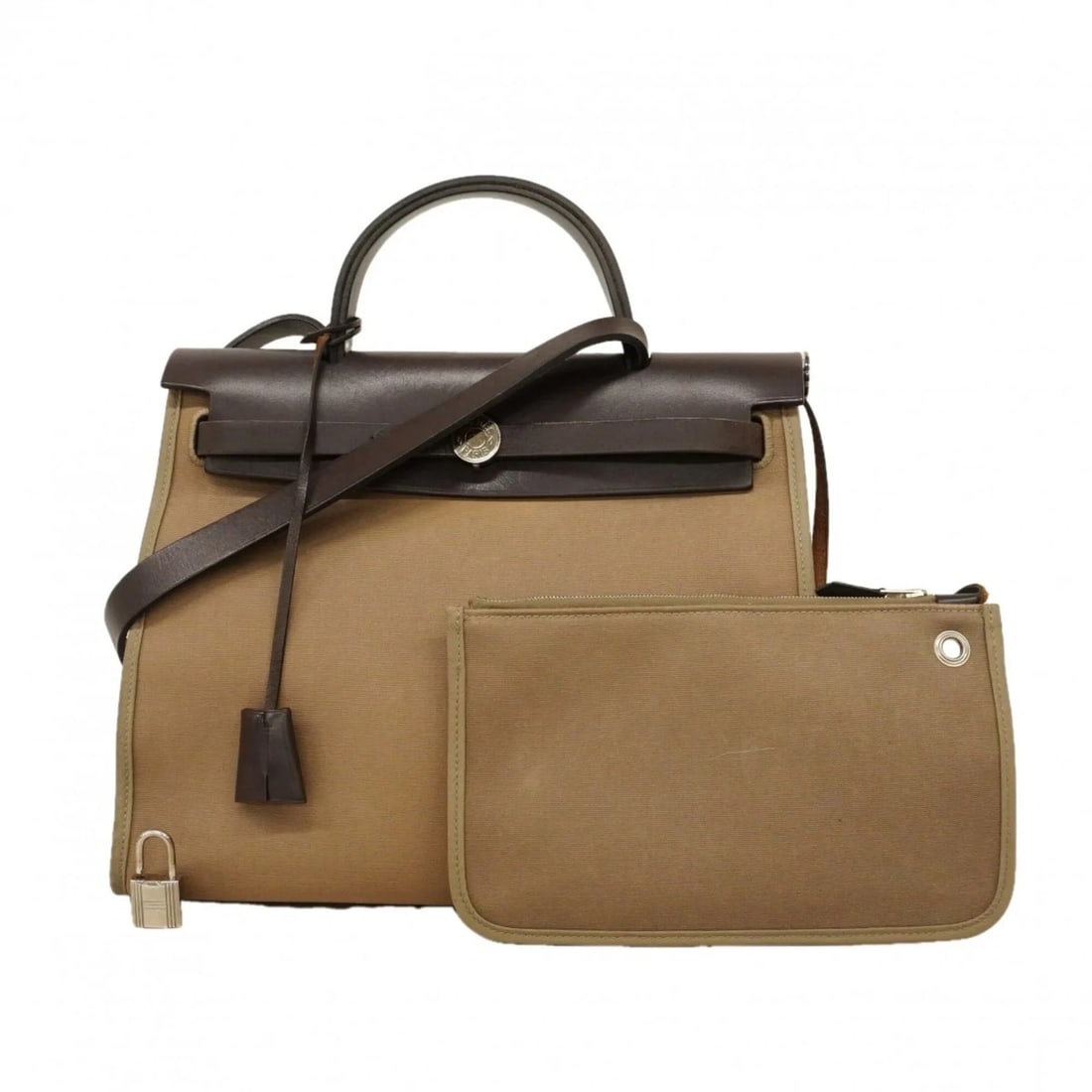 HERMES HERBACK ZIP PM HANDBAG, TOILE OFFICIER: Hermes Herback Zip PM Handbag, Toile Officier Brand: Hermes Type/Style: Handbag Material: Toile officier Color: Brown Size: (HxWxD) 25cm x 31cm x 11cm / 9.84'' x 12.2'' x 4.33'' Accessories: None