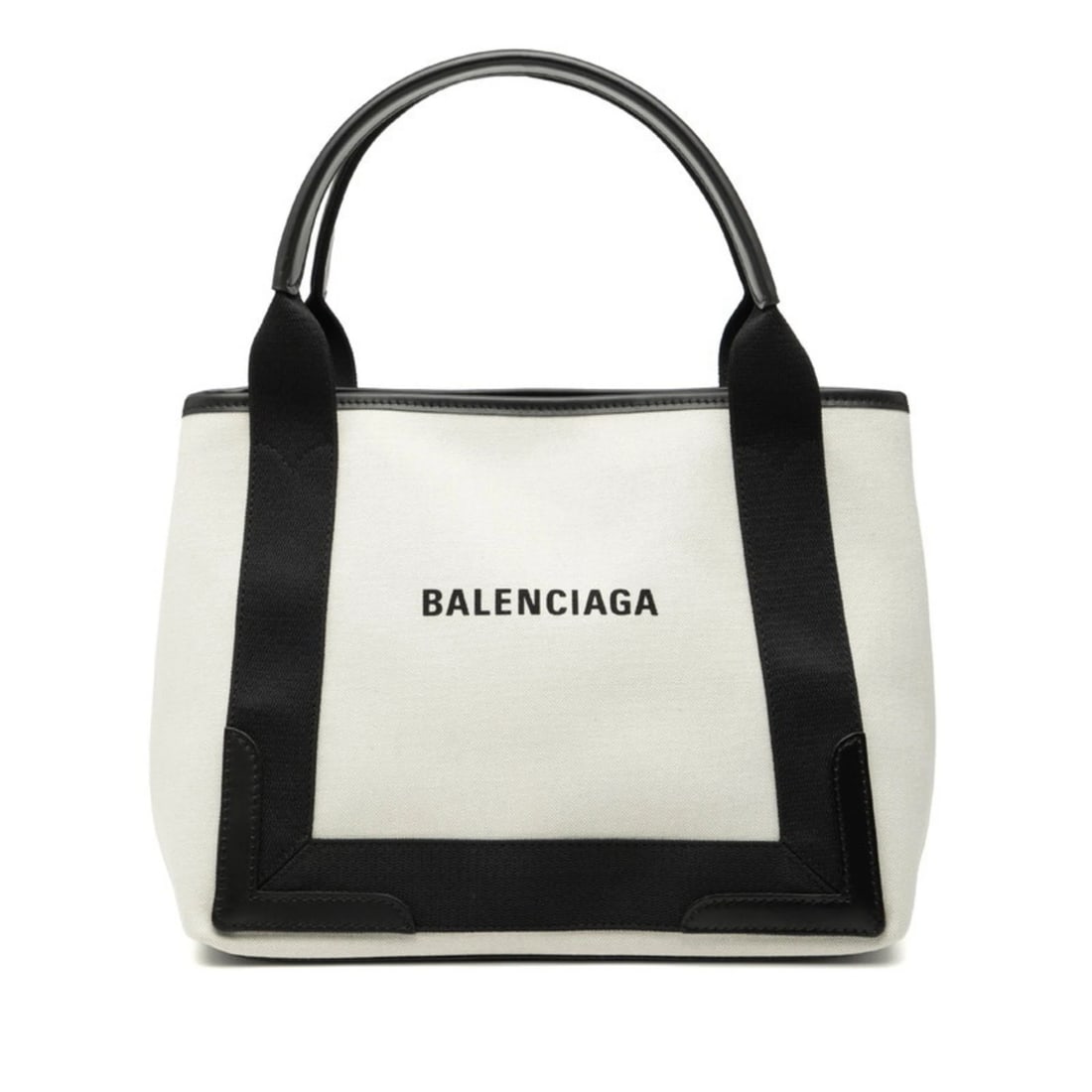 BALENCIAGA NAVY CABAS S HANDBAG IN WHITE AND BLACK CANVAS: Balenciaga Navy Cabas S Handbag in White and Black Canvas Brand: Balenciaga Type/Style: Handbag, Pouch Material: Canvas , Leather Color: Black, White Size: (HxWxD) 22cm x 29.5cm x 16cm / 8.66'' x 11.6
