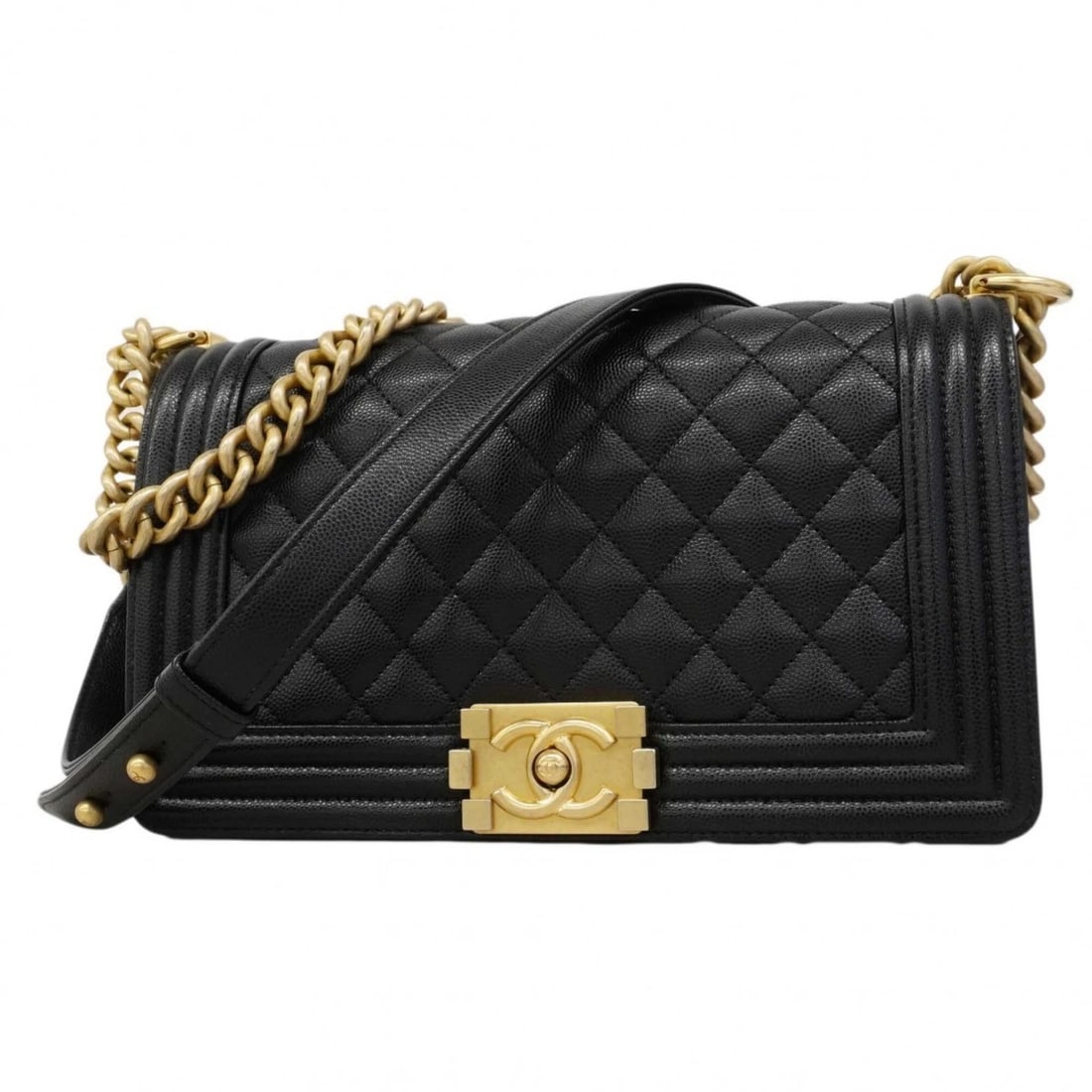 CHANEL BOY CHAIN SHOULDER BAG: Chanel Boy Chain Shoulder Bag Brand: Chanel Type/Style: Shoulder bag Material: Grained Calfskin Color: Black Size: (HxWxD) 15cm x 5cm x 8cm / 5.9'' x 1.96'' x 3.14'' Accessories: None Acce