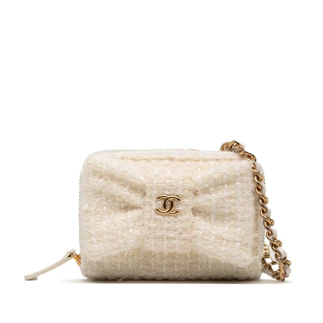 CHANEL COCO MARK RIBBON MINI CHAIN WALLET: Chanel Coco Mark Ribbon Mini Chain Wallet Brand: Chanel Type/Style: Type Chain/Shoulder wallet Material: Tweed , Leather Color: White Size: (HxWxD) 7cm x 11cm x 2cm / 2.75'' x 4.33'' x 0.78'' Acce