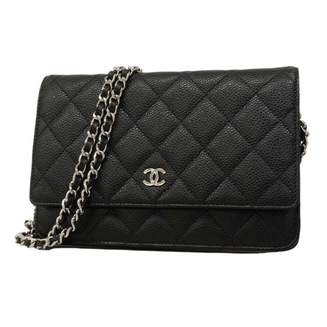 CHANEL MATELASSÉ CHAIN SHOULDER WALLET: Chanel Matelassé Chain Shoulder Wallet Brand: Chanel Type/Style: Type Chain/Shoulder wallet Material: Grained Calfskin Color: Black Size: (HxWxD) 13cm x 19cm x 3cm / 5.11'' x 7.48'' x 1.18''