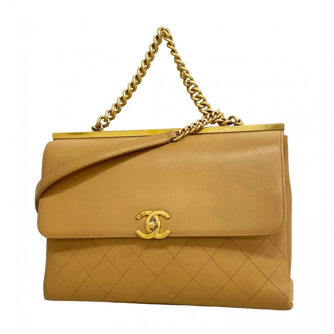 CHANEL MATELASSÉ CHAIN SHOULDER HANDBAG: Chanel Matelassé Chain Shoulder Handbag Brand: Chanel Type/Style: Handbag Material: Leather Color: Beige Size: (HxWxD) 19cm x 29cm x 10cm / 7.48'' x 11.41'' x 3.93'' Accessories: None Acce