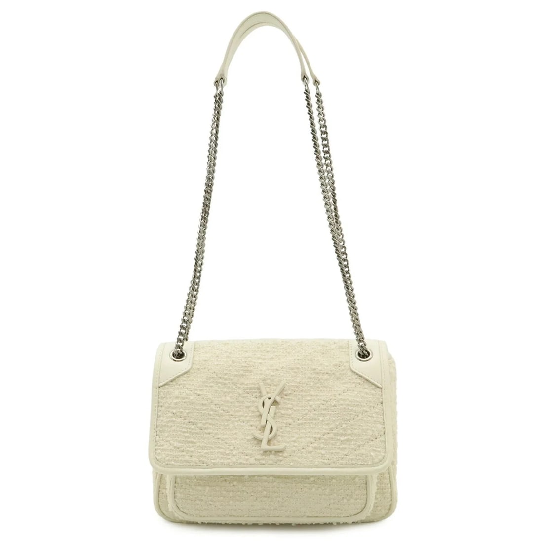 SAINT LAURENT PARIS YVES SAINT LAURENT: SAINT LAURENT PARIS Yves Saint Laurent Brand: Yves Saint Laurent Type/Style: Shoulder bag Material: Tweed , Leather Color: White Size: (HxWxD) 17.5cm x 22cm x 9cm / 6.88'' x 8.66'' x 3.54'' Access