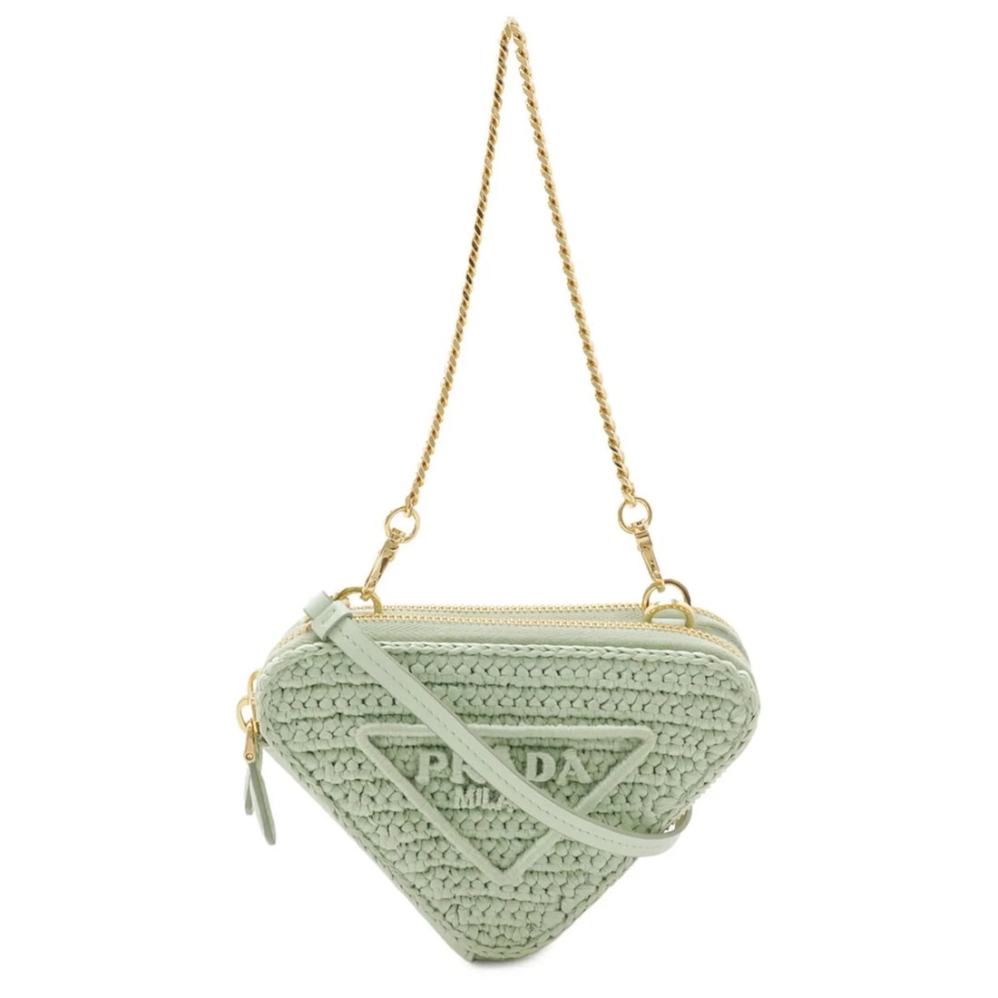 PRADA MINI CONTAINERI CROCHET BAG, 3-WAY CHAIN SHOULDER: PRADA Mini Containeri Crochet Bag, 3-Way Chain Shoulder Brand: Prada Type/Style: Clutch bag, Pouch, Shoulder bag Material: Raffia , Leather Color: Green Size: (HxWxD) 10cm x 15cm x 2cm / 3.93'' x 5.9'