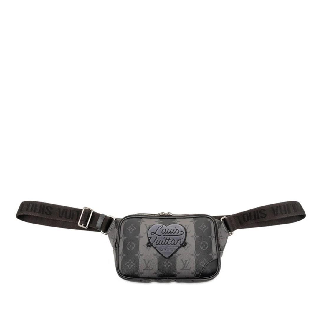 LOUIS VUITTON X NIGO MONOGRAM STRIPE ECLIPSE: Louis Vuitton x NIGO Monogram Stripe Eclipse Brand: Louis Vuitton Type/Style: Sling bag Material: PVC Color: Black, Gray Size: (HxWxD) 15cm x 22cm x 4cm / 5.9'' x 8.66'' x 1.57'' Accessories: None