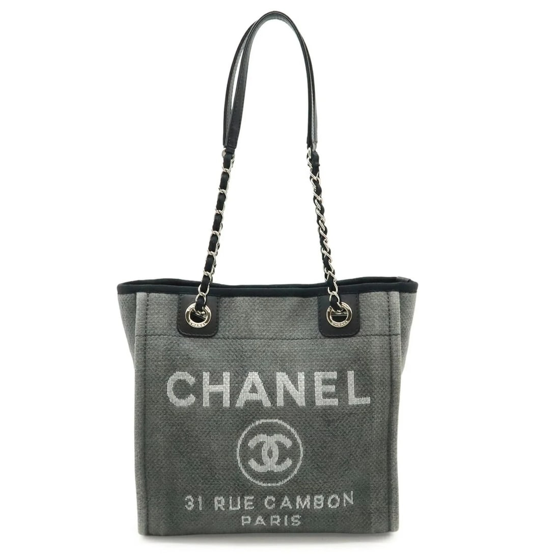 CHANEL DEAUVILLE TOTE BAG, SHOULDER CHAIN STRAP: CHANEL Deauville Tote Bag, Shoulder Chain Strap Brand: Chanel Type/Style: Shoulder bag, Tote bag Material: Canvas , Leather Color: Black, Gray Size: (HxWxD) 25.5cm x 25.5cm x 11cm / 10.03'' x 10.03'' 