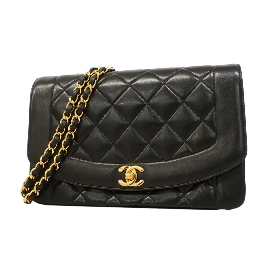 CHANEL DIANA CHAIN SHOULDER BAG, LAMBSKIN: Chanel Diana Chain Shoulder Bag, Lambskin Brand: Chanel Type/Style: Shoulder bag Material: Leather Color: Black Size: (HxWxD) 17cm x 24.5cm x 7cm / 6.69'' x 9.64'' x 2.75'' Accessories: None