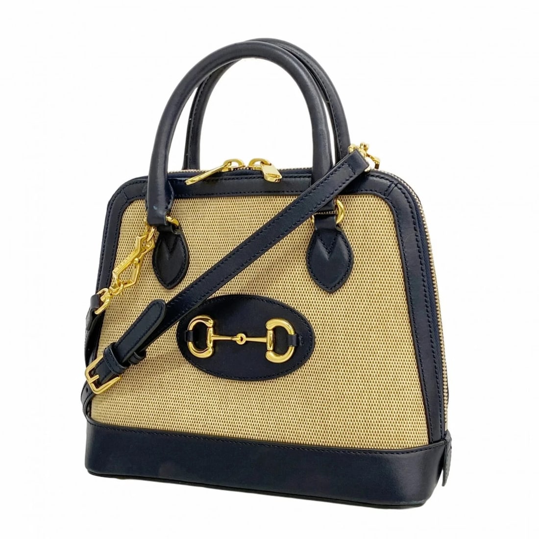 GUCCI HORSEBIT HANDBAG CANVAS BEIGE: Gucci Horsebit Handbag Canvas Beige Brand: Gucci Type/Style: Handbag Material: Canvas Color: Beige, Navy Size: (HxWxD) 22cm x 25cm x 9cm / 8.66'' x 9.84'' x 3.54'' Accessories: None Access