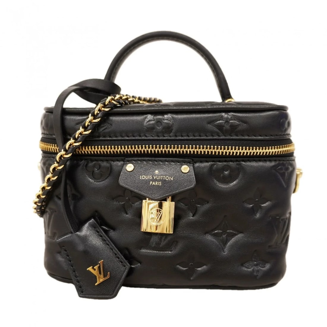 LOUIS VUITTON VANITY PM HANDBAG: Louis Vuitton Vanity PM handbag Brand: Louis Vuitton Type/Style: Handbag Material: none Color: Black Size: (HxWxD) 9.5cm x 18cm x 10cm / 3.74'' x 7.08'' x 3.93'' Accessories: None Accessor