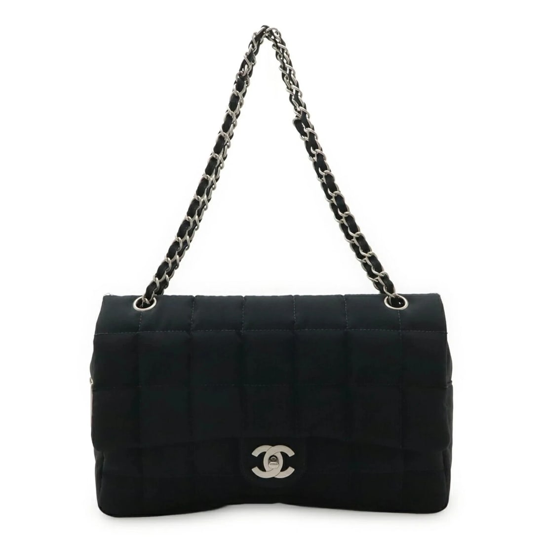 CHANEL CHOCOLATE BAR COCO MARK CHAIN SHOULDER BAG: CHANEL Chocolate Bar Coco Mark Chain Shoulder Bag Brand: Chanel Type/Style: Shoulder bag Material: Nylon Color: Black Size: (HxWxD) 20cm x 29cm x 6cm / 7.87'' x 11.41'' x 2.36'' Accessories: None