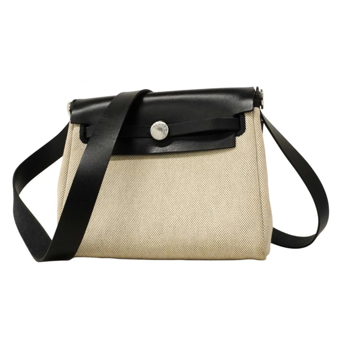 HERMES SHOULDER BAG, HERBAG ZIP MINI, TOILE: Hermes Shoulder Bag, Herbag Zip Mini, Toile Brand: Hermes Type/Style: Shoulder bag Material: Toile H Color: Beige, Black Size: (HxWxD) 18cm x 20cm x 7cm / 7.08'' x 7.87'' x 2.75'' Accessories: None