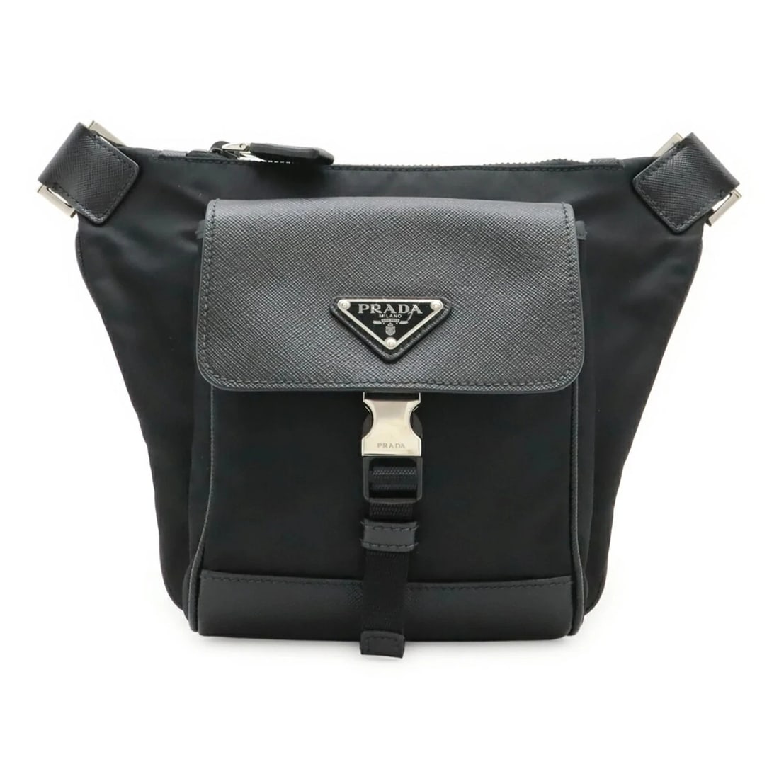 PRADA TRIANGLE BAG, BODY WAIST POUCH: PRADA Triangle Bag, Body Waist Pouch Brand: Prada Type/Style: Pouch, Sling bag Material: Nylon Color: Black, Nero Size: (HxWxD) 19cm x 23cm / 7.48'' x 9.05'' Accessories: None Accessories