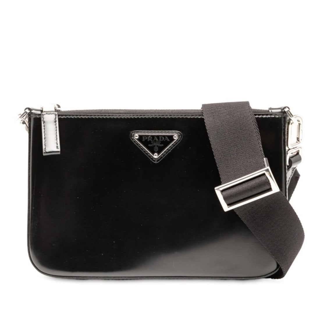 PRADA TRIANGLE LOGO PLATE SHOULDER BAG: Prada Triangle Logo Plate Shoulder Bag Brand: Prada Type/Style: Shoulder bag Material: Leather Color: Black Size: (HxWxD) 14cm x 22cm x 2.5cm / 5.51'' x 8.66'' x 0.98'' Accessories: None A