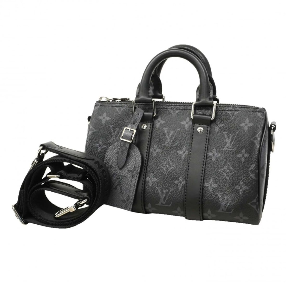 LOUIS VUITTON MONOGRAM ECLIPSE REVERSE KEEPALL BANDOULIÈRE: Louis Vuitton Monogram Eclipse Reverse Keepall Bandoulière Brand: Louis Vuitton Type/Style: Handbag Material: none Color: Black, Gray Size: (HxWxD) 15cm x 25cm x 11cm / 5.9'' x 9.84'' x 4.33'' Acc