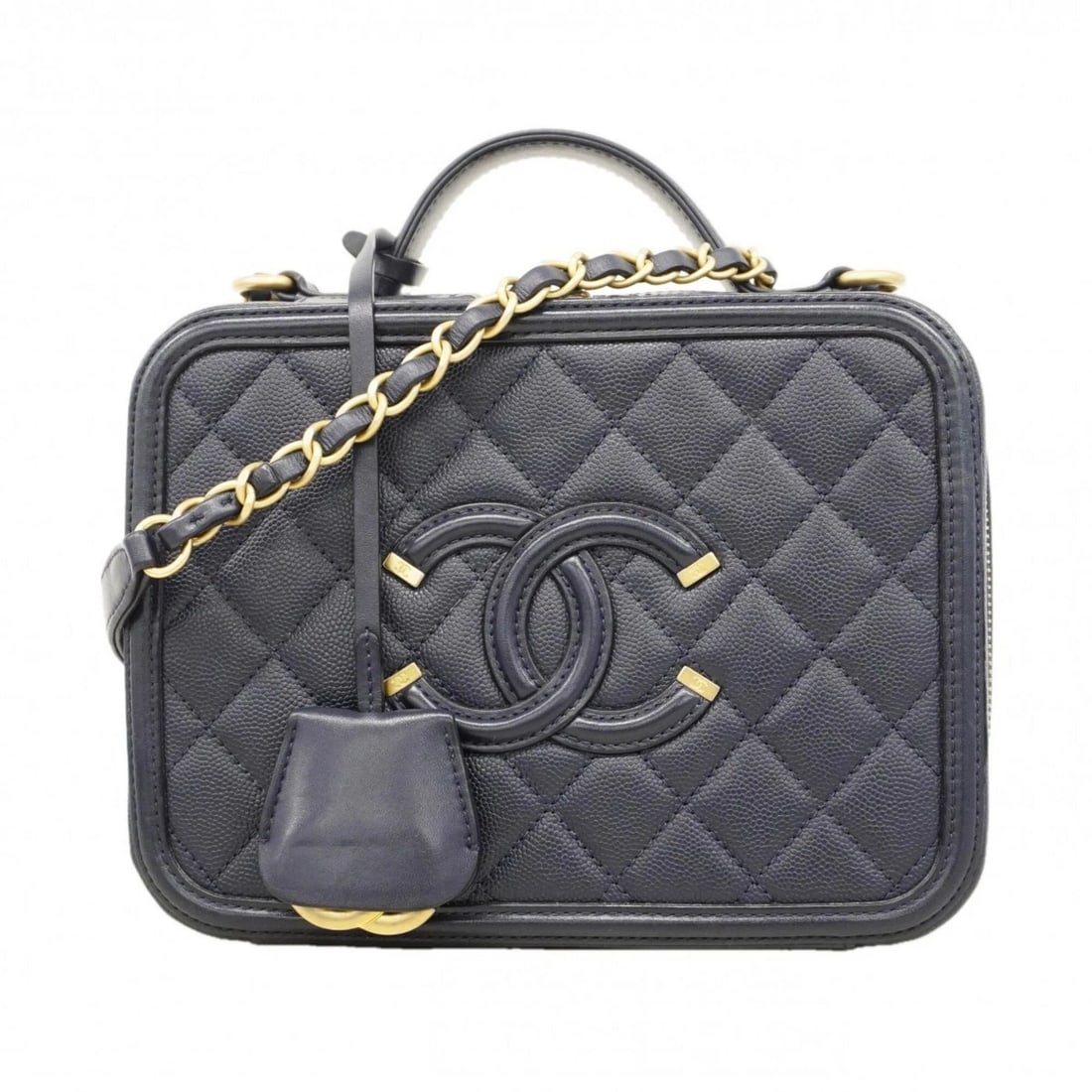 CHANEL CC FILIGREE CHAIN SHOULDER HANDBAG: Chanel CC Filigree Chain Shoulder Handbag Brand: Chanel Type/Style: Handbag Material: Grained Calfskin Color: Navy Size: (HxWxD) 15.5cm x 20.5cm x 8cm / 6.1'' x 8.07'' x 3.14'' Accessories: None