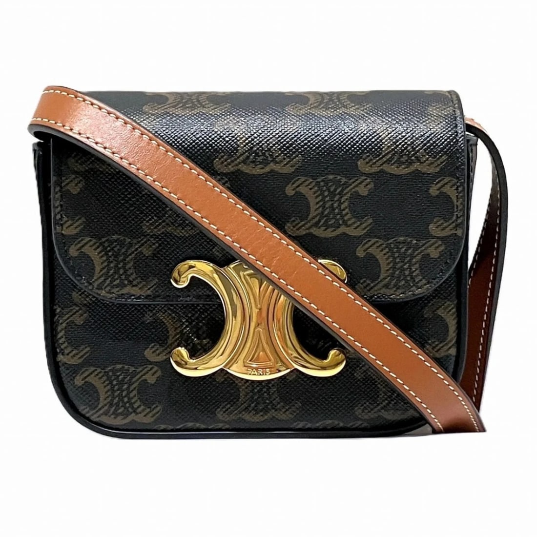 CELINE MINI CLAUDE SHOULDER BAG TRIOMPHE: Celine Mini Claude Shoulder Bag Triomphe Brand: Celine Type/Style: Shoulder bag Material: PVC Color: Brown Size: (HxWxD) 10cm x 11cm x 4cm / 3.93'' x 4.33'' x 1.57'' Accessories: None Accessories