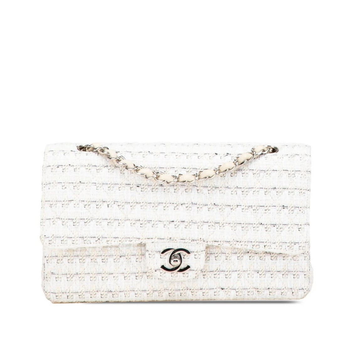 CHANEL MATELASSE 25 COCO MARK DOUBLE FLAP CHAIN SHOULDER BAG: CHANEL Matelasse 25 Coco Mark Double Flap Chain Shoulder Bag Brand: Chanel Type/Style: Handbag, Shoulder bag Material: Tweed Color: Beige, White Size: (HxWxD) 15cm x 25cm x 7cm / 5.9'' x 9.84'' x 2.75
