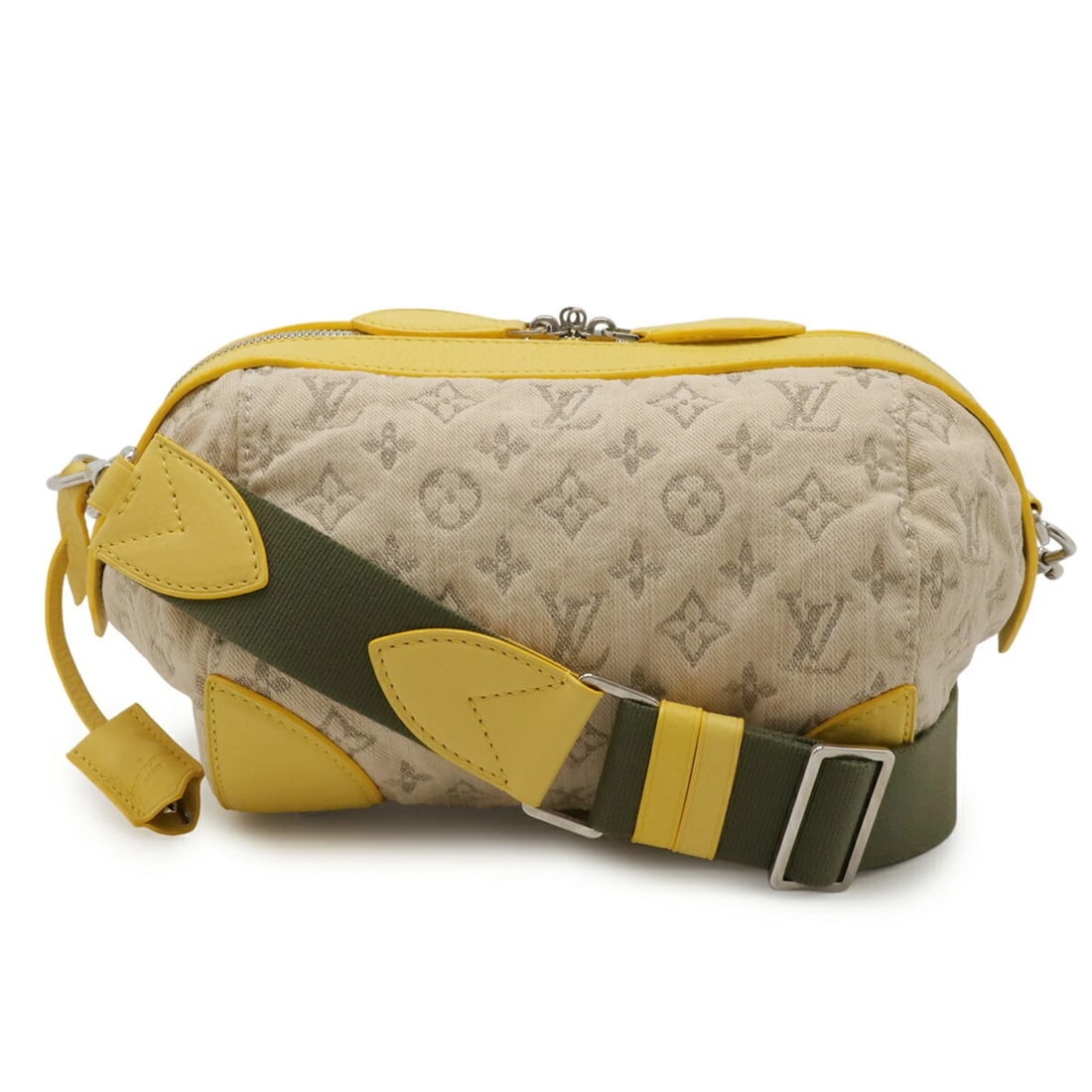 LOUIS VUITTON MONOGRAM DENIM POCHETTE ROUND SHOULDER: Louis Vuitton Monogram Denim Pochette Round Shoulder Brand: Louis Vuitton Type/Style: Pochette, Shoulder bag Material: Monogram Denim Color: Jaune, Monogram, Yellow Size: (HxWxD) 17cm x 16cm / 6.69'' 