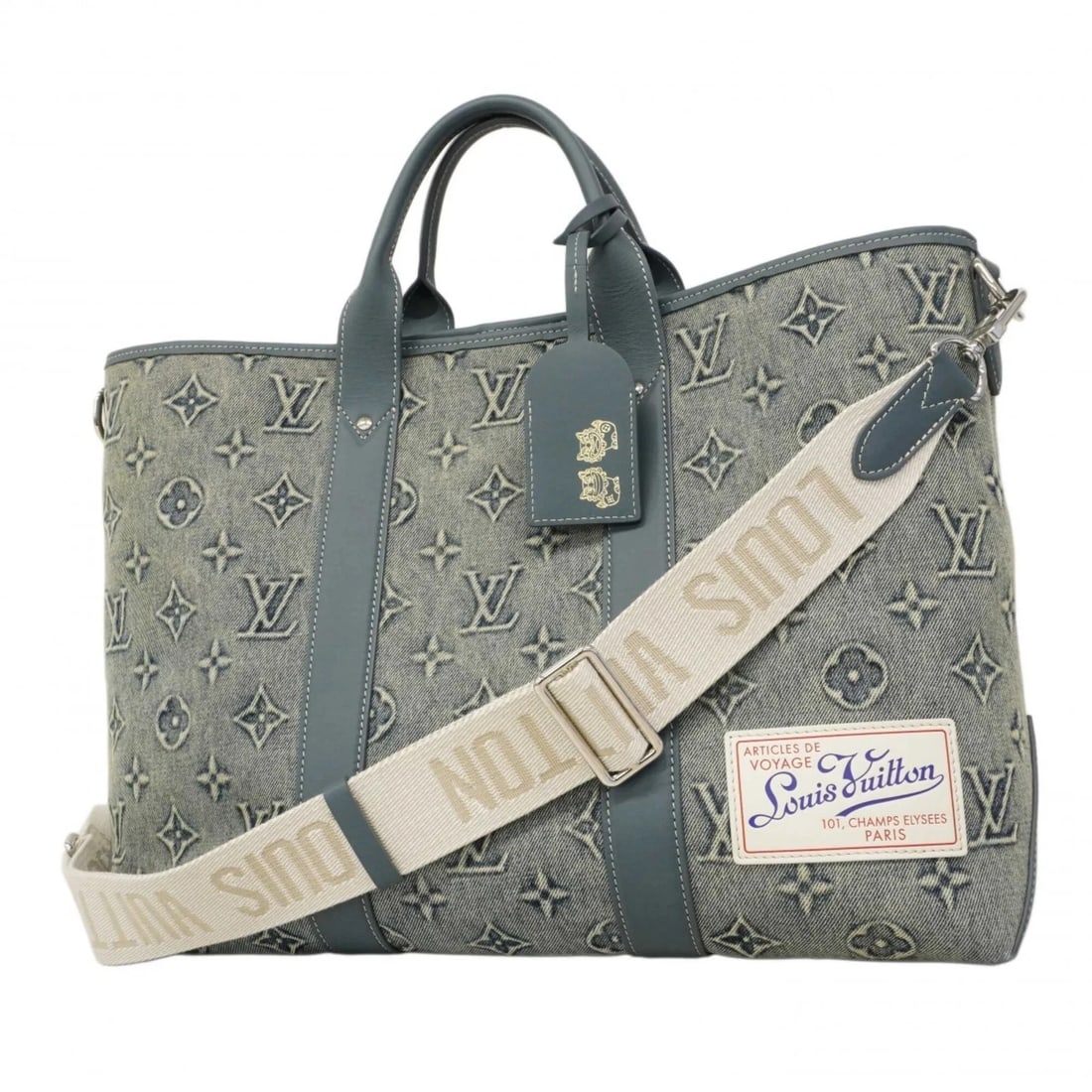 LOUIS VUITTON MONOGRAM WASHED DENIM WEEKEND TOTE: Louis Vuitton Monogram Washed Denim Weekend Tote Brand: Louis Vuitton Type/Style: Tote bag Material: none Color: Blue Size: (HxWxD) 33cm x 45cm x 15cm / 12.99'' x 17.71'' x 5.9'' Accessories: None