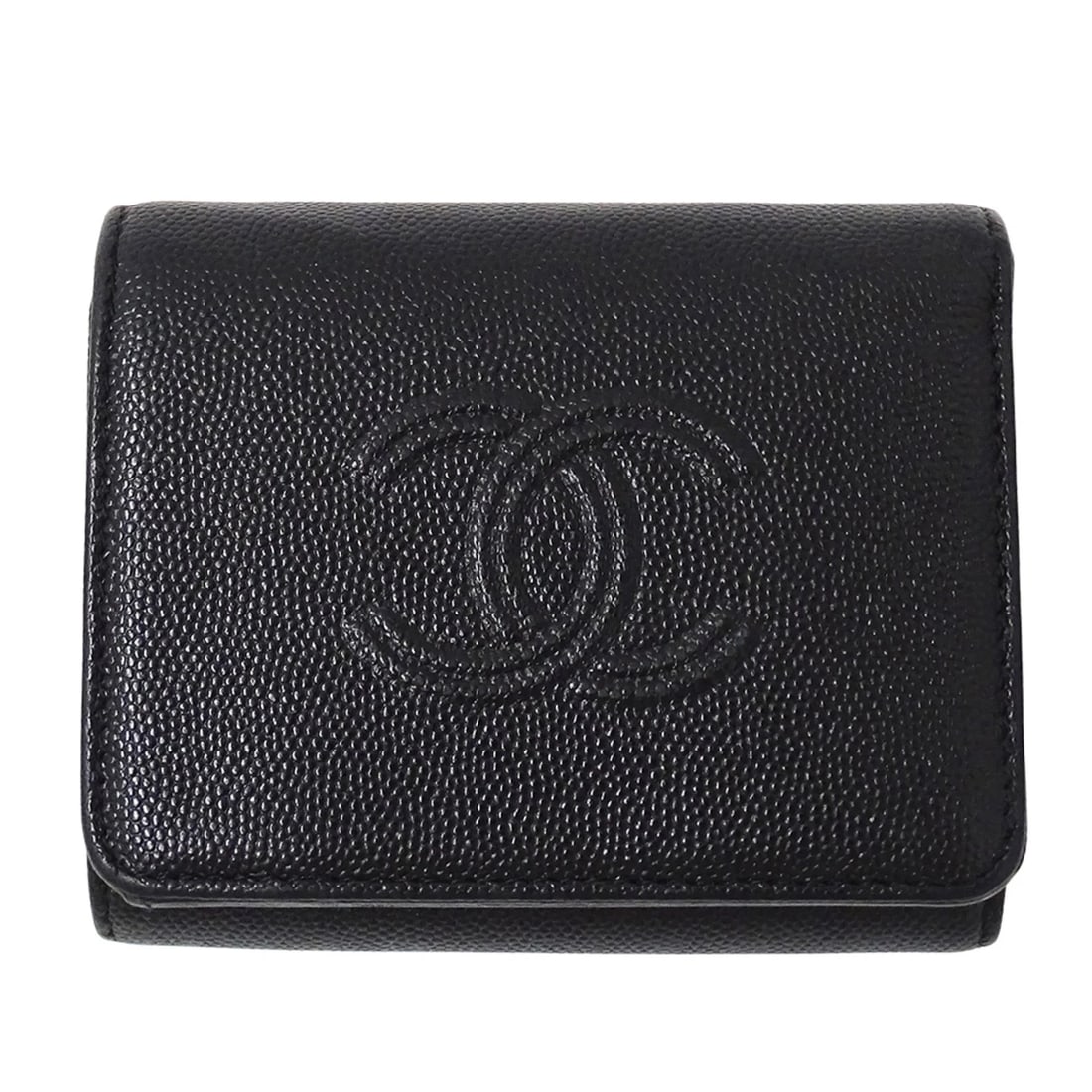 CHANEL WOMEN'S TRI-FOLD WALLET, CAVIARSKINLEATHER: Chanel Women's Tri-fold Wallet, CaviarSkinLeather Brand: Chanel Type/Style: Type Wallet (tri-fold) Material: Grained Calfskin Color: Black Size: (HxWxD) 9cm x 10.5cm x 3cm / 3.54'' x 4.13'' x 1.18''