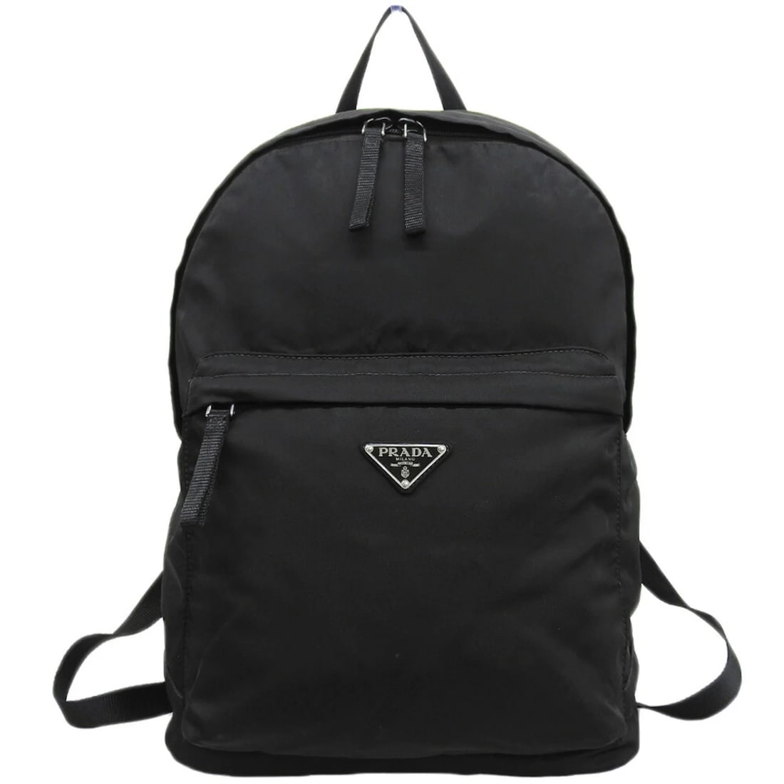 PRADA BACKPACK IN BLACK NYLON WITH TRIANGULAR PLATE: Prada Backpack in Black Nylon with Triangular Plate Brand: Prada Type/Style: Backpack Material: Nylon Color: Black Size: (HxWxD) 37.5cm x 29.5cm x 18.5cm / 14.76'' x 11.61'' x 7.28'' Accessories: