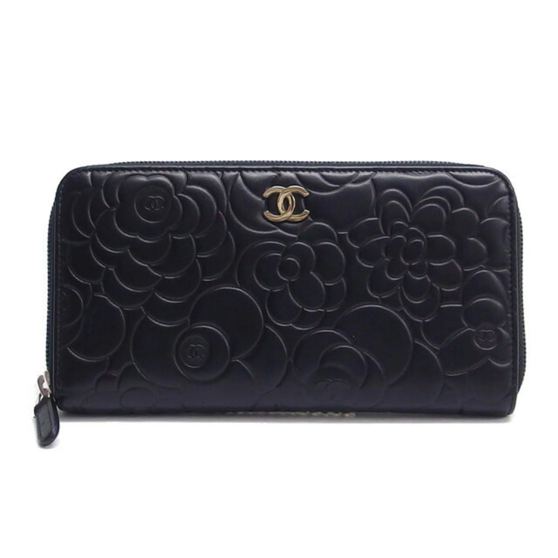 CHANEL LAMBSKIN EMBOSSED WITH CAMELLIA PATTERN, ROUND ZIP WALLET: Chanel lambskin embossed with camellia pattern, round zip wallet Brand: Chanel Type/Style: Type Long wallet (bi-fold) Material: Leather Color: Black Size: (HxWxD) 10cm x 19cm x 2.5cm / 3.93'' x