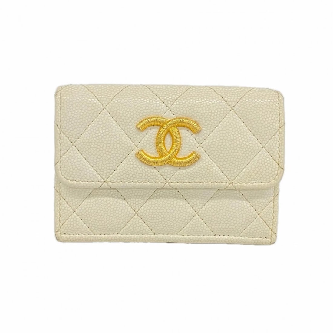 CHANEL TRI-FOLD WALLET, MATELASSÉ CAVIARSKINLEATHER, WHITE (1 of 6)