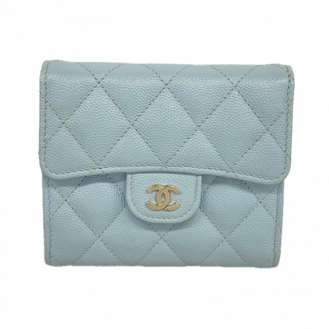 CHANEL TRI-FOLD WALLET, MATELASSÉ, CAVIARSKINLEATHER: Chanel Tri-fold Wallet, Matelassé, CaviarSkinLeather Brand: Chanel Type/Style: Type Wallet (tri-fold) Material: Grained Calfskin Color: Light blue Size: (HxWxD) 10.5cm x 11.5cm x 3cm / 4.13'' x