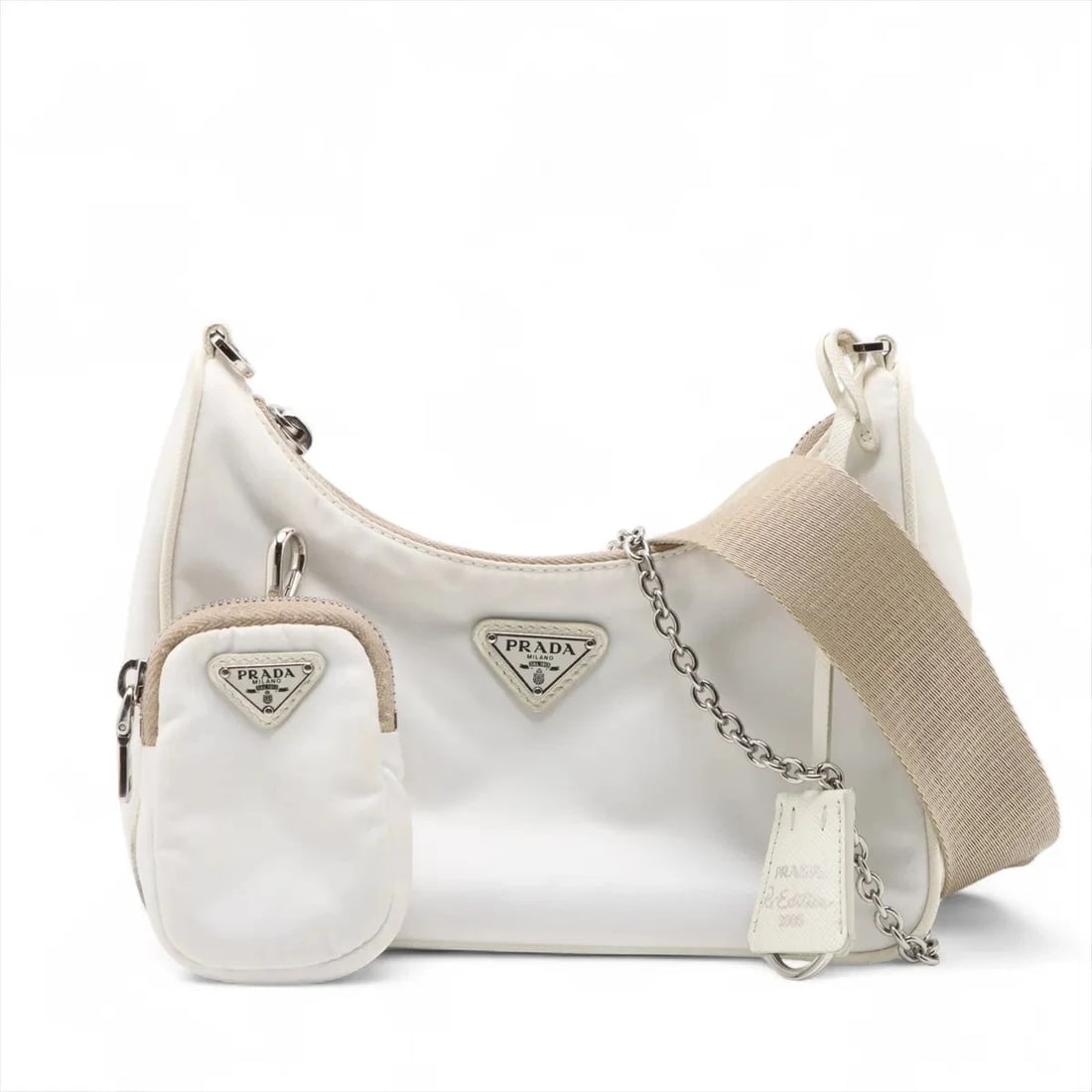 PRADA TESSUTO NYLON X LEATHER 2 WAY SHOULDER BAG: Prada Tessuto nylon x leather 2 Way Shoulder bag Brand: Prada Type/Style: Shoulder bag Material: Nylon & Leather Color: White Size: Height:6.5inch Length:8.7inch Depth:2.6inch Handle height:10.6inch