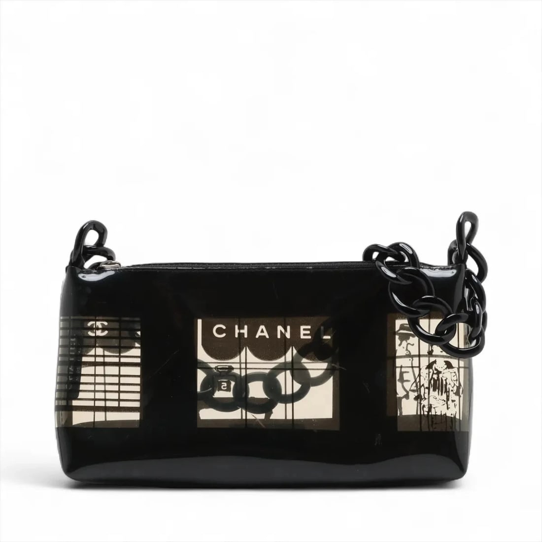 CHANEL WINDOWS VINYL CHAIN SHOULDER BAG: Chanel Windows Vinyl Chain Shoulder bag Brand: Chanel Type/Style: Shoulder bag Material: Vinyl Color: Black Size: Height:5.1inch Length:9.3inch Depth:2.2inch Accessories: None Accessories