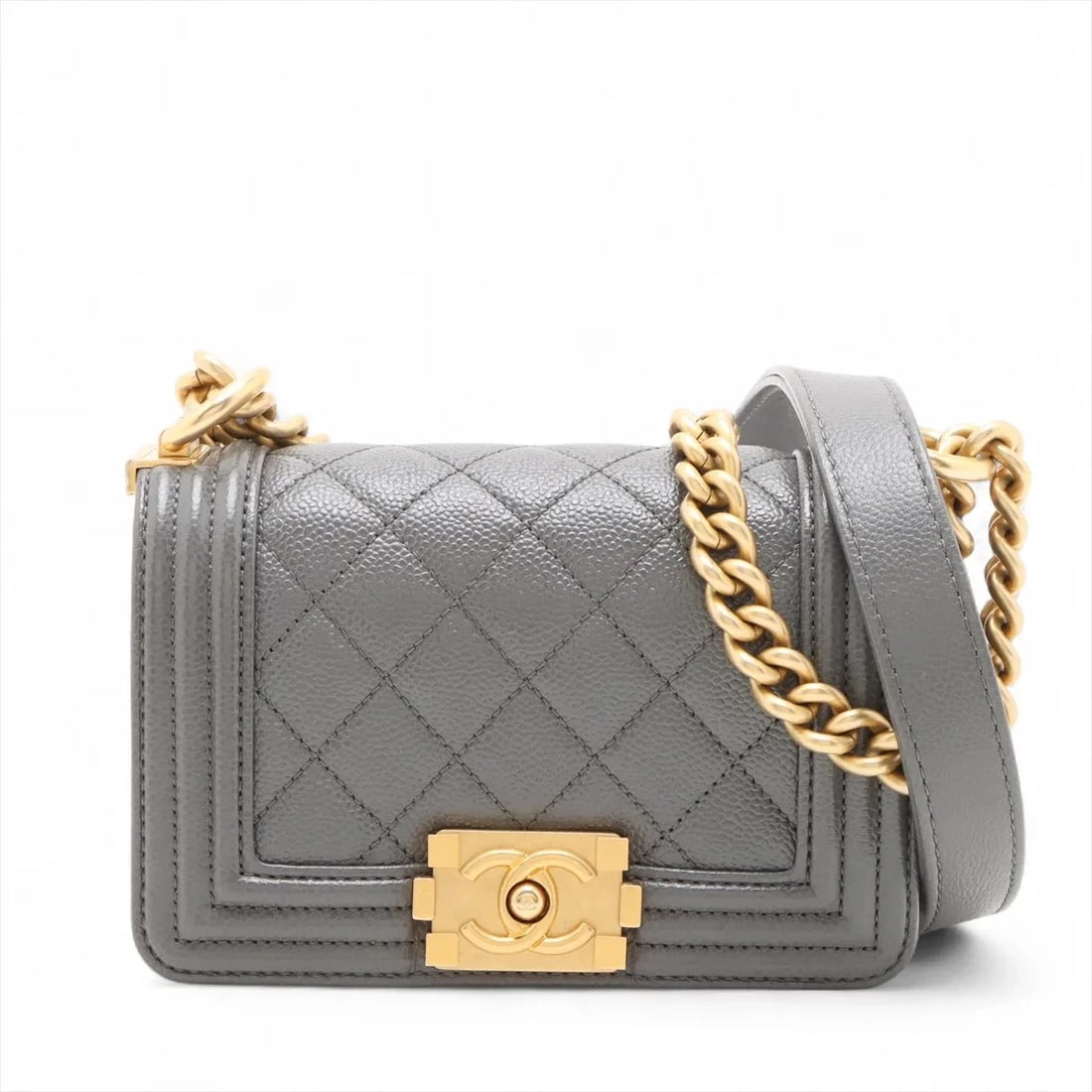 CHANEL MINI BOY CHANEL CHAIN SHOULDER BAG: Chanel Mini Boy Chanel Chain Shoulder Bag Brand: Chanel Type/Style: Shoulder bag Material: Caviar Skin Color: Gray Size: Height:3.9inch Length:5.9inch Depth:2.4inch Accessories: None Acces