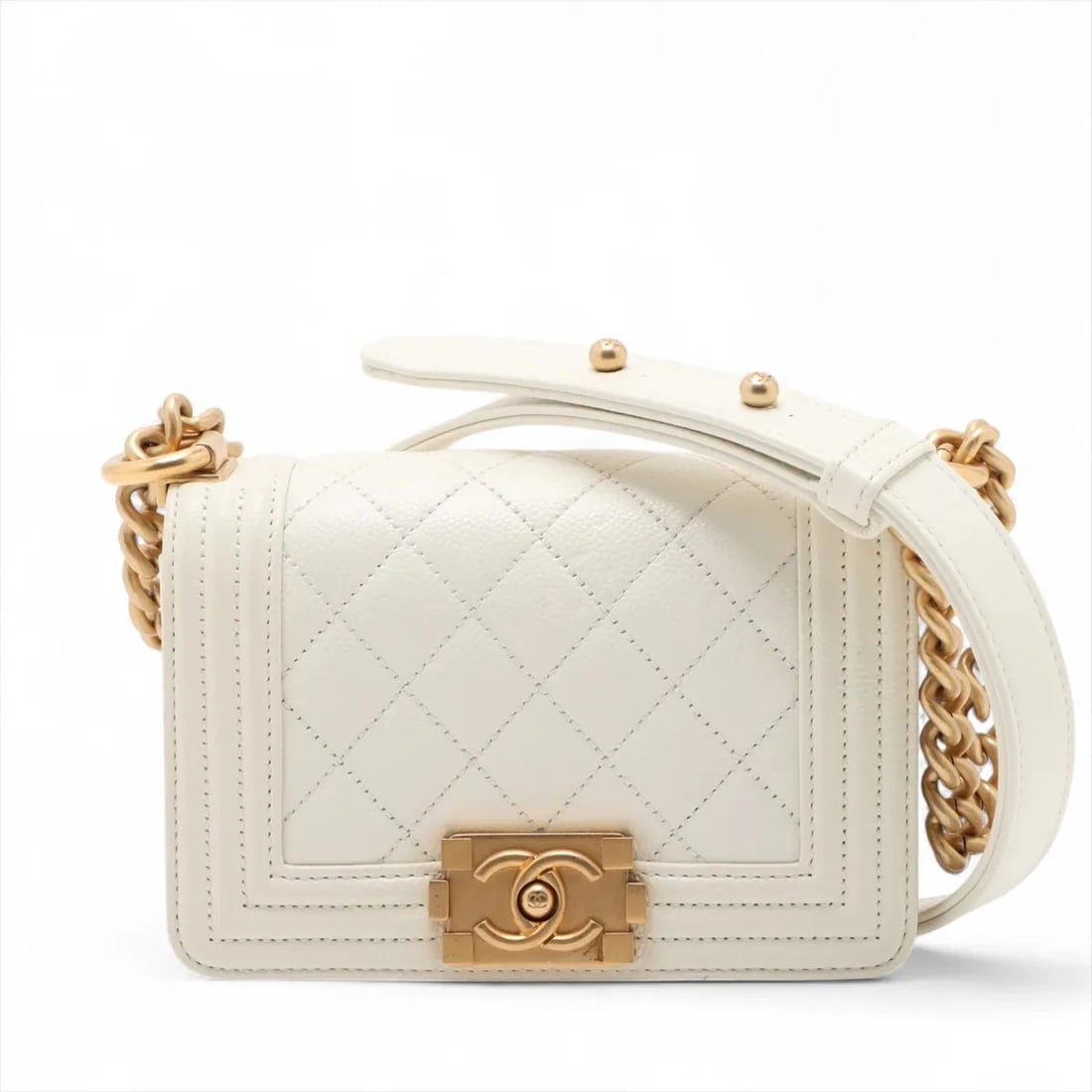 CHANEL MINI BOY CHANEL GRAINED CALFSKIN CHAIN SHOULDER BAG: Chanel Mini Boy Chanel Grained Calfskin Chain Shoulder Bag Brand: Chanel Type/Style: Shoulder bag Material: Caviar Skin Color: White Size: Height:3.9inchLength:5.9inchDepth:2.2inch Accessories: No