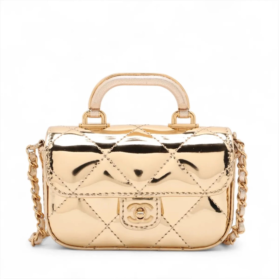 CHANEL MATELASSE LEATHER 2 WAY SHOULDER BAG: Chanel Matelasse Leather 2 Way Shoulder bag Brand: Chanel Type/Style: Shoulder bag Material: Leather Color: Gold Size: Height:3.0inch Length:4.7inch Depth:1.4inch Handle height:0.8inch Accessories