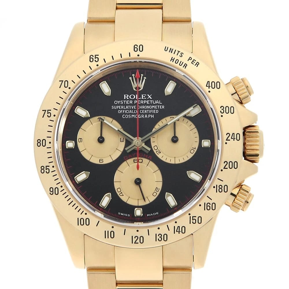 ROLEX COSMOGRAPH DAYTONA BLACK GOLD WATCH: ROLEX Cosmograph Daytona Black Gold Watch Brand: ROLEX Type: Wrist watch Material: Band Material Yellow Gold, Case Material Yellow Gold Color: Dial color Black and Gold Size: Case:W40mm Circumference 