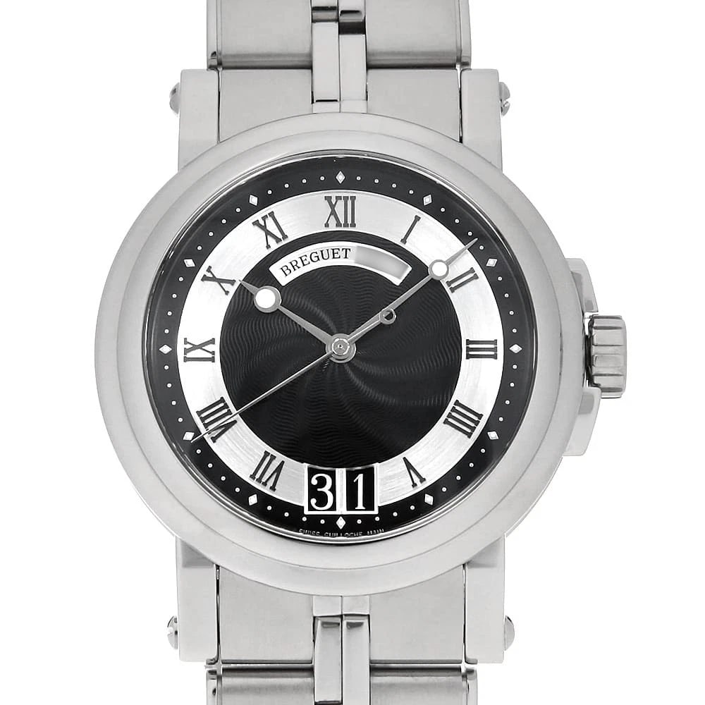 BREGUET MARINE DATE WATCH: Breguet Marine date Watch Brand: Breguet Type: Wrist watch Material: Band Material Stainless Steel, Case Material Stainless Steel Color: Dial color Black Size: Case:W39mm Circumference of Wrist:19.5cm