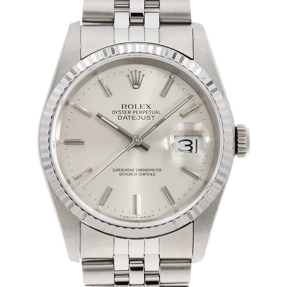 ROLEX DATEJUST SILVER WATCH: ROLEX Datejust Silver Watch Brand: ROLEX Type: Wrist watch Material: Band Material Stainless Steel, Case Material Stainless Steel/White gold Color: Dial color Silver Size: Case:W36mm Circumference of 