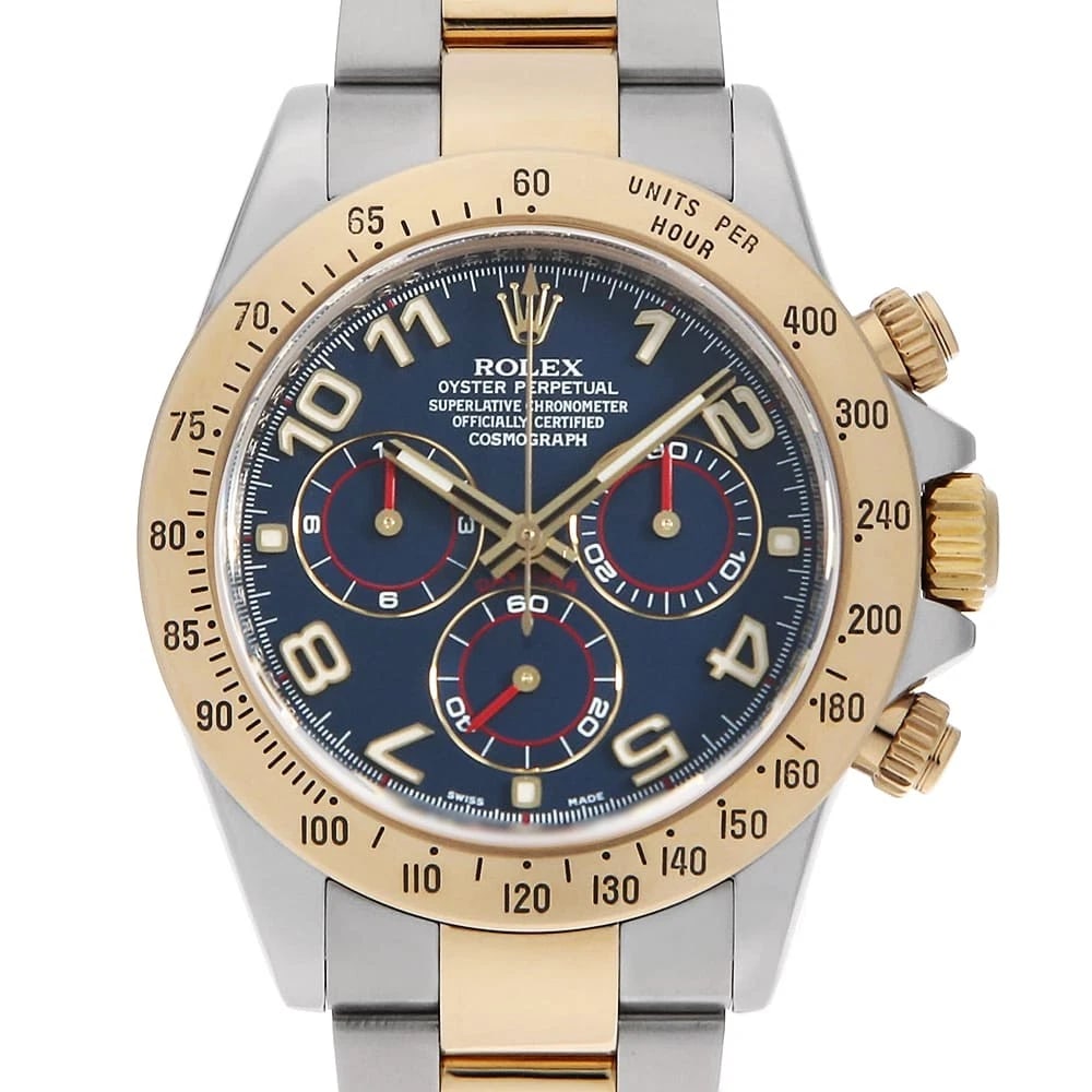 ROLEX COSMOGRAPH DAYTONA BLUE ARABIAN WATCH: ROLEX Cosmograph Daytona blue Arabian Watch Brand: ROLEX Type: Wrist watch Material: Band Material Stainless Steel/Yellow Gold, Case Material Stainless Steel/Yellow Gold Color: Dial color Blue Size: C